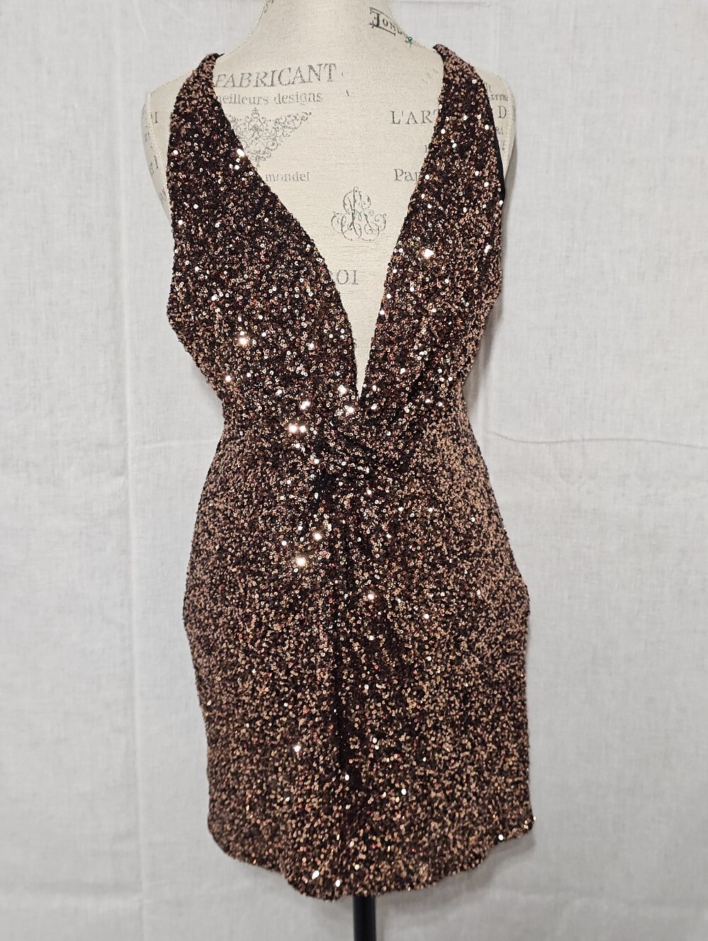 Astr Rose Gold Sequin Deep V Mini Dress